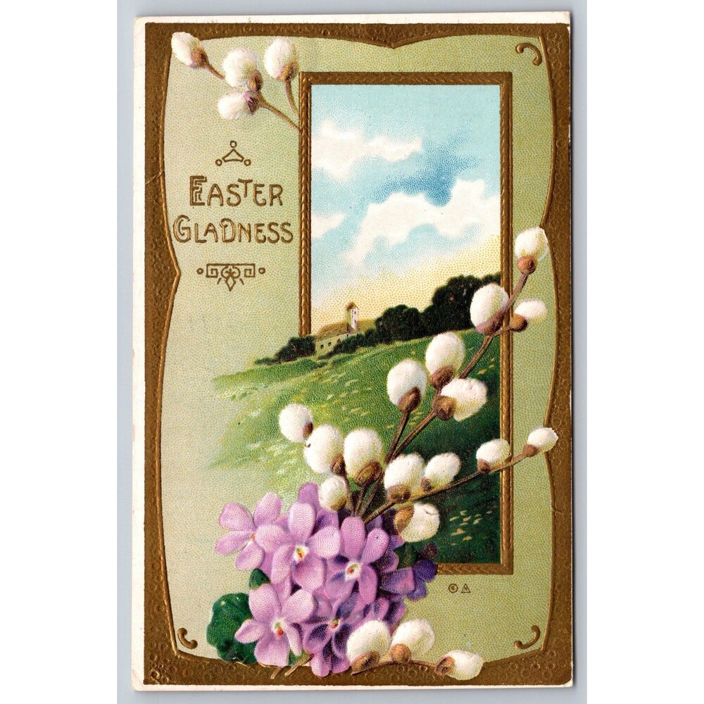 Postcard Antique Easter Gladness Willows Gold Trim Posted 1912 Columbus OH